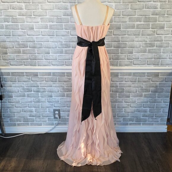 Vera Wang White Blush Pink Chiffon Dress Black Sash Ruffled Feminine Romantic 8 - Picture 3 of 12